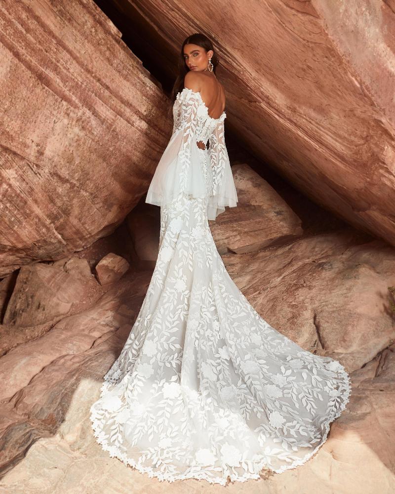 Lp2426 off the shoulder boho wedding dress with bell sleeves and sheath silhouette2